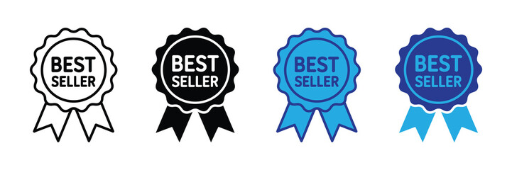 Best seller vector badges set, including outline, solid black, blue, and dark blue variations, award icons isolated on white. isolated on white background