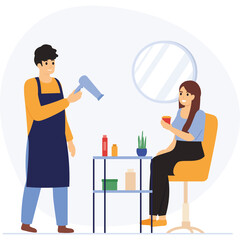 Man with Hair Dryer Styling Woman's Hair While She Sits Holding a Cup in a Salon Interior With Mirror and Shelves of Products