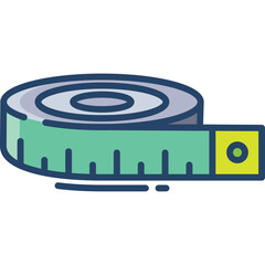 Measuring tape in green and yellow with dark blue outline and markings on a transparent background representing measurement and tailoring tools for precise dimensions and tailoring projects