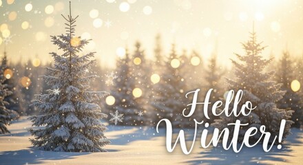 Hello winter! enchanting snowy forest with golden light, falling snowflakes, and fir trees