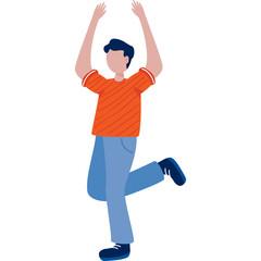 Man In Orange Striped Shirt And Blue Jeans Dancing With Arms Raised In Celebration Against White Background