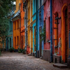 Colorful old buildings line a cobblestone street on a cloudy day.