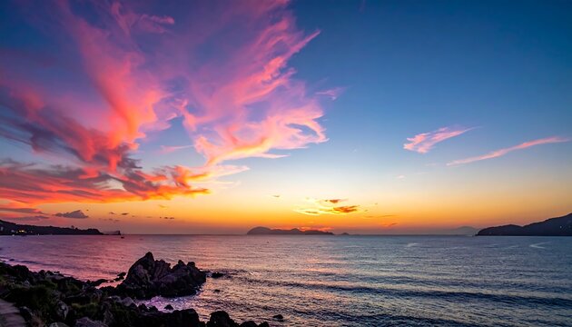A scenic coastal view at sunset, featuring vibrant pink and orange clouds over a calm sea, with dark rocky shoreline - Powered by Adobe