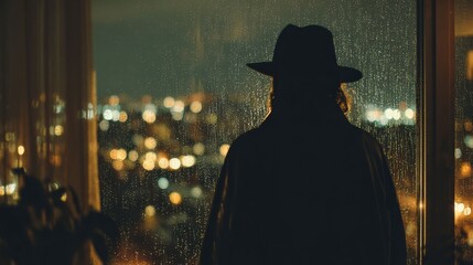 Through rain covered glass a detective gazes into the night city where dim lights flicker against the moody darkness.