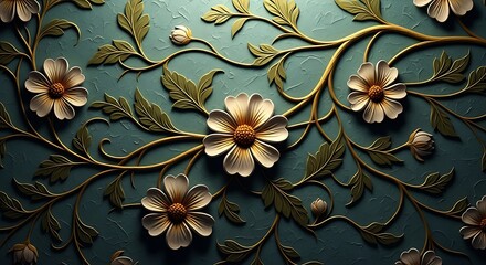 Embossed floral pattern with gold vines and cream flowers on teal textured