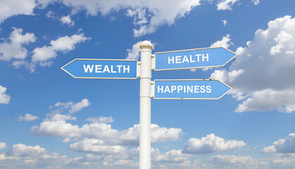 Motivational signpost with arrows pointing to wealth, health, and happiness under blue sky.