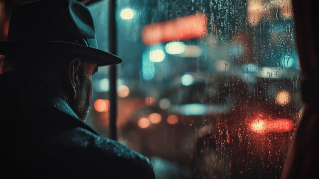 Through rain covered glass a detective gazes into the night city where dim lights flicker against the moody darkness. - Powered by Adobe