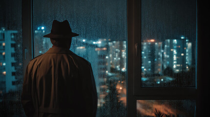 Through rain covered glass a detective gazes into the night city where dim lights flicker against the moody darkness.