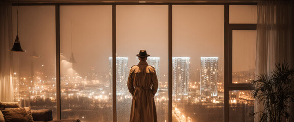 Through rain covered glass a detective gazes into the night city where dim lights flicker against the moody darkness.
