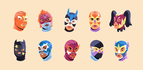 Lucha libre set. Professional fighters of no rules wrestling. Heads of Mexican wrestlers in ornamented masks. Men and women in costumes for crazy fight show. Flat isolated vector illustrations