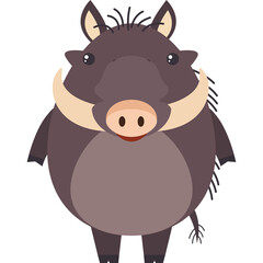 Cute Warthog Cartoon Character with Large Tusks and Big Round Body Standing on White Background Front View Pixel Art Style