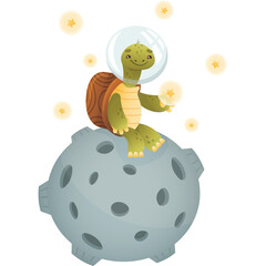 Cute Tortoise Astronaut Sits On A Moon Holding A Star With A Transparent Background