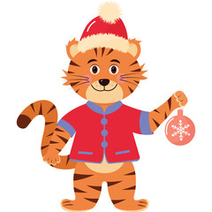 Cute Tiger Cub Wearing Red Santa Hat And Jacket Holding Christmas Ornament Festive Winter Holiday Character Illustration