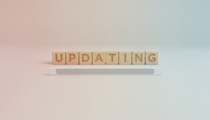 Wooden blocks spelling updating symbolize the process of software or system enhancement, featuring a loading bar illustrating data transfer and technological advancement in a digital environment