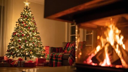 A warm and cozy living room on Christmas Eve with decorated Christmas-tree, adorned with twinkling lights and festive wrapped presents stacked beneath. A roaring fire crackles merrily in the fireplace - Powered by Adobe