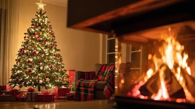 A warm and cozy living room on Christmas Eve with decorated Christmas-tree, adorned with twinkling lights and festive wrapped presents stacked beneath. A roaring fire crackles merrily in the fireplace
