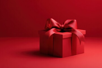 Fototapeta premium A single red gift box with a satin ribbon bow sits on a vibrant red surface with a warm red background