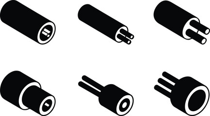 Various electrical cables and connectors in black and white isometric view