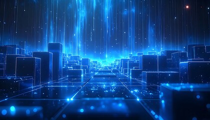 Abstract city grid with bright blue light streaks illuminating blocky structures on a tiled surface