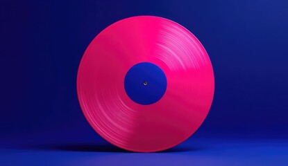 A vibrant pink vinyl record with a blue center label rests against a dark blue background.