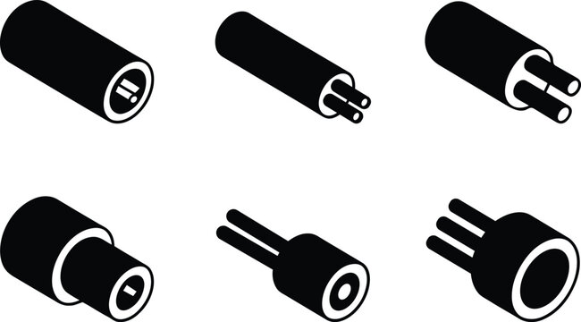 Various electrical cables and connectors in black and white isometric view