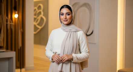 Middle Eastern woman with soft eyeliner and glowing healthy skin wearing a modest modern outfit, standing in a contemporary indoor setting with soft warm lighting and a polished elegant beauty style