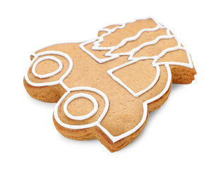 Tasty gingerbread cookie in shape of car isolated on white. Christmas treat