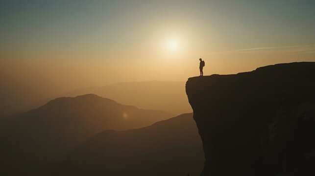 Inspiring journey silhouette at sunset, man on cliff edge with golden light, mountain adventure and freedom, motivational travel and exploration concept