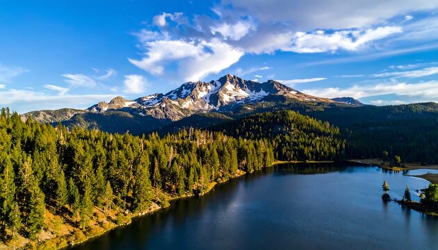 A scenic vista of a lake surrounded by a forest with a majestic, snow-capped mountain in the background
