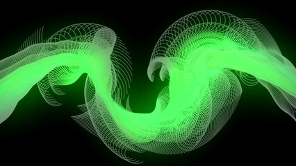 Abstract flowing bright green wavy lines on black background curve