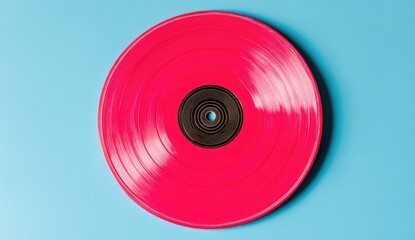Bright pink vinyl record with black center lies on a vibrant blue surface.