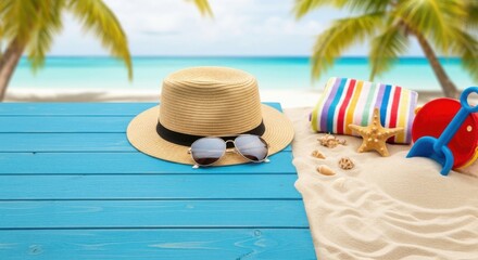 Scenic tropical beach scene with relaxation accessories on blue wooden planks