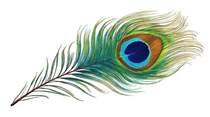 Obraz premium A detailed illustration of a vibrant peacock feather, showcasing its intricate design and rich color palette against a plain white background.