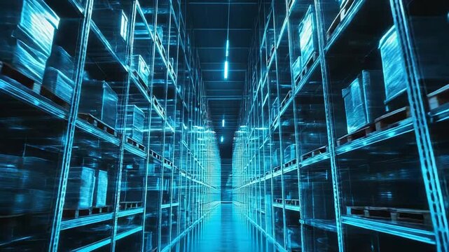 Automated warehouse with glowing racks for modern logistics