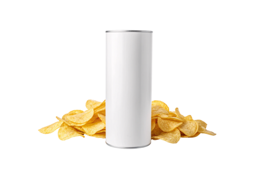 Tall cylindrical metal container standing upright with potato chips scattered around its base on white surface, isolated on a transparent background