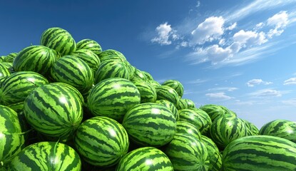 Abundant pile of ripe green watermelons under a blue sky.