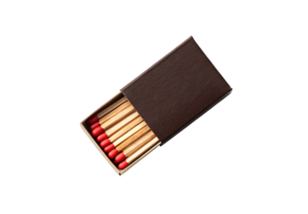 Brown matchbox sleeve pulled back revealing wooden matches with red tips arranged inside, angled perspective product shot, isolated on a transparent background