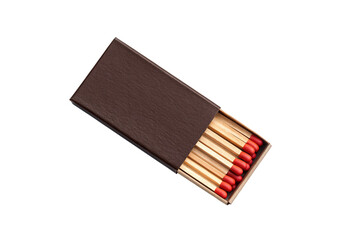 Brown matchbox with red-tipped wooden matches visible inside, partially opened sleeve showing match heads in neat row, isolated on a transparent background