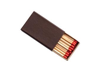 Brown matchbox with red-tipped wooden matches visible inside, partially opened sleeve showing match heads in neat row, isolated on a transparent background