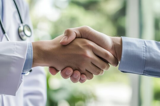 Doctor having shaking hands to congrats with patient after recommend sickness treatment while discussing explaining his symptoms and counsel diagnosis health, healthcare and assistance concept