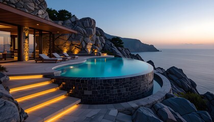 Modern futuristic interior with panoramic view, sleek design, large windows, soft ambient lighting, elegant furniture, and breathtaking landscape scenery outside.3