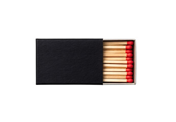 Black matchbox with drawer partially extended revealing red-tipped wooden safety matches arranged in neat parallel rows, isolated on a transparent background