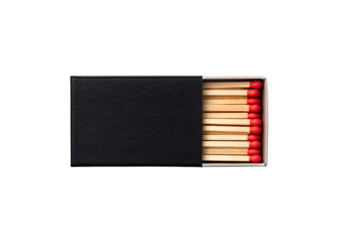 Black matchbox with drawer partially extended revealing red-tipped wooden safety matches arranged in neat parallel rows, isolated on a transparent background