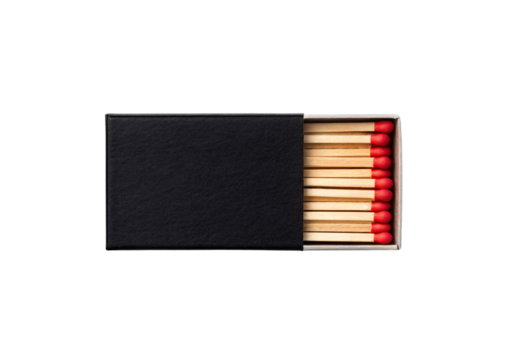 Black matchbox with drawer partially extended revealing red-tipped wooden safety matches arranged in neat parallel rows, isolated on a transparent background