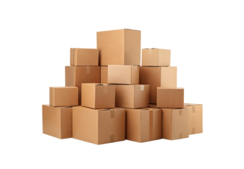 Multiple brown cardboard boxes stacked together, moving packages pile, storage cartons arrangement, isolated on a transparent background
