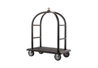 Empty hotel bellhop cart, luggage trolley with cage top, hospitality service equipment, isolated on a transparent background