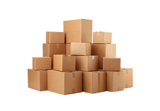 Multiple brown cardboard boxes stacked together, moving packages pile, storage cartons arrangement, isolated on a transparent background