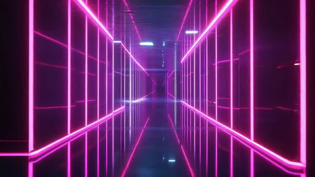 Abstract dark tunnel with glowing fuchsia neon light grid