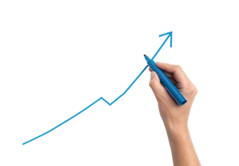 Hand drawing blue growth arrow, upward trend line illustration, business chart sketch, isolated on a transparent background