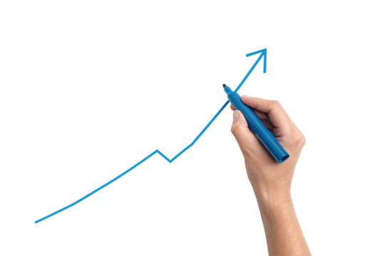 Hand drawing blue growth arrow, upward trend line illustration, business chart sketch, isolated on a transparent background